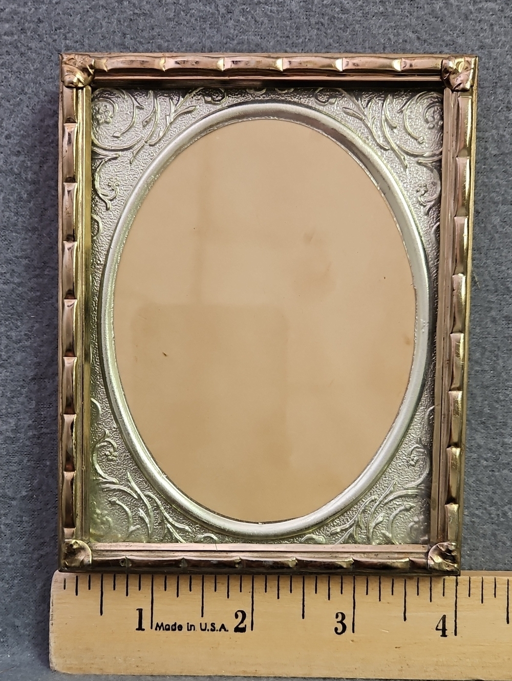 Vintage Ornate Metal Picture Frame Oval Opening Embossed Floral Mat 3.5"x4.5"